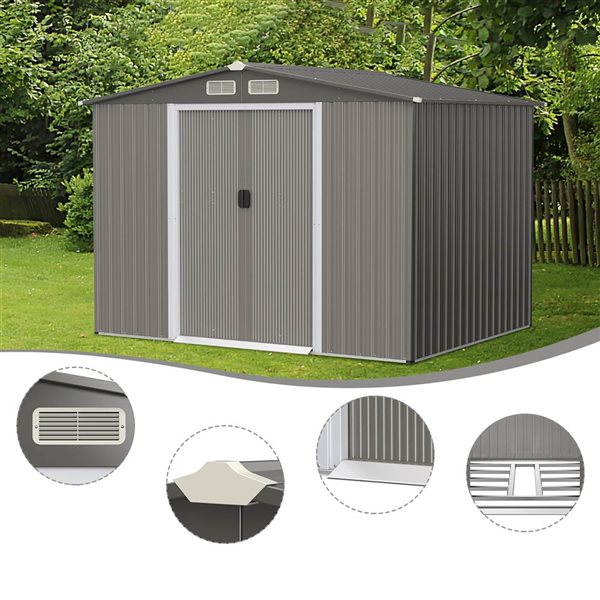 Costway 8 x 6-ft Galvanized Steel Garden Tool Storage Outdoor Shed - Grey