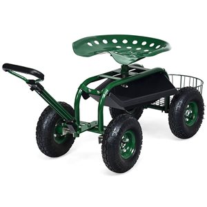 Costway Steel Rolling Garden Cart Heavy-Duty Workseat w/Tray, Basket and Extendable Handle - Green