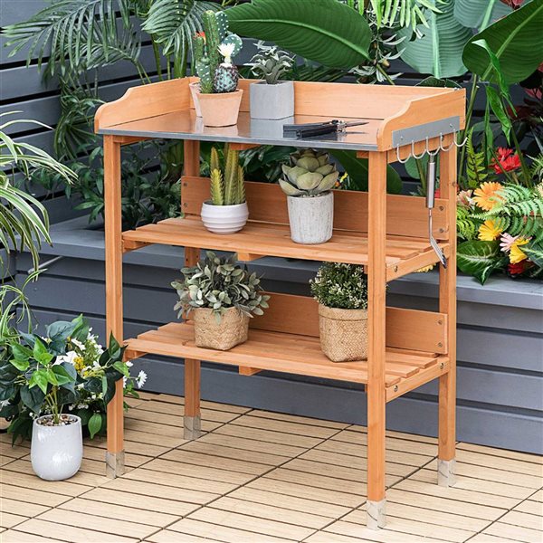 Costway Garden Wooden Potting Bench-Style Work Station Table w/ Tool Storage Hooks - Brown