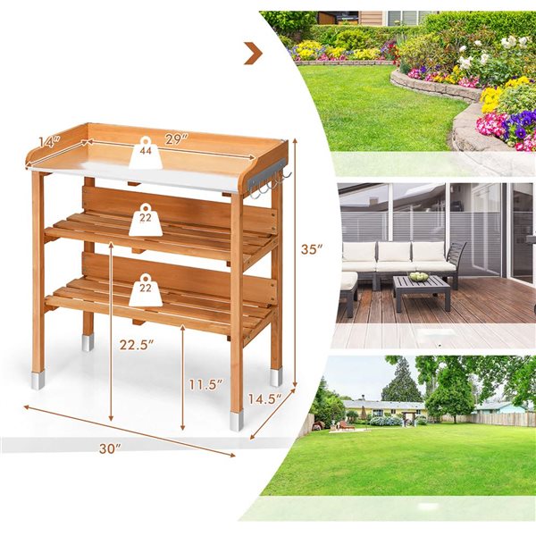 Costway Garden Wooden Potting Bench-Style Work Station Table w/ Tool Storage Hooks - Brown