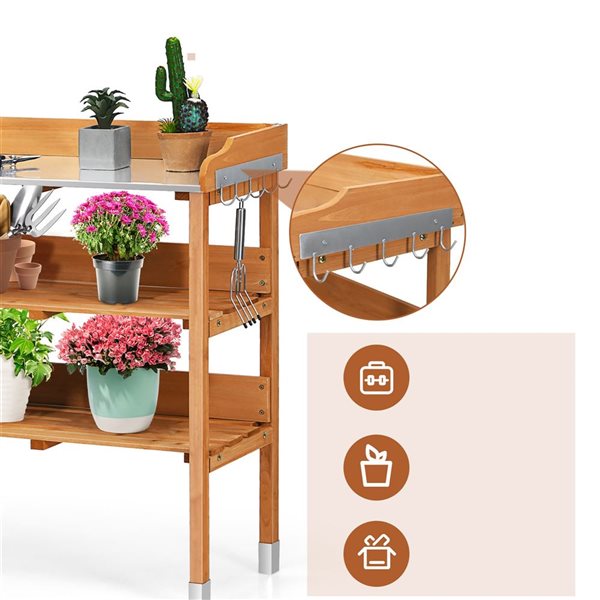 Costway Garden Wooden Potting Bench-Style Work Station Table w/ Tool Storage Hooks - Brown