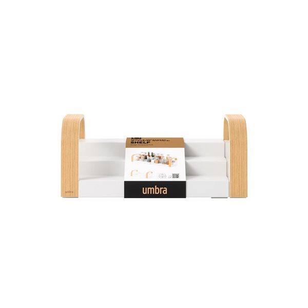 Étagère à épices Bellwood d'Umbra à trois niveaux 5 x 6,38 x 21,5 po en plastique et bois, blanc/naturel
