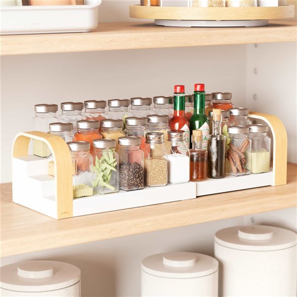 Étagère à épices Bellwood d'Umbra à trois niveaux 5 x 6,38 x 21,5 po en plastique et bois, blanc/naturel