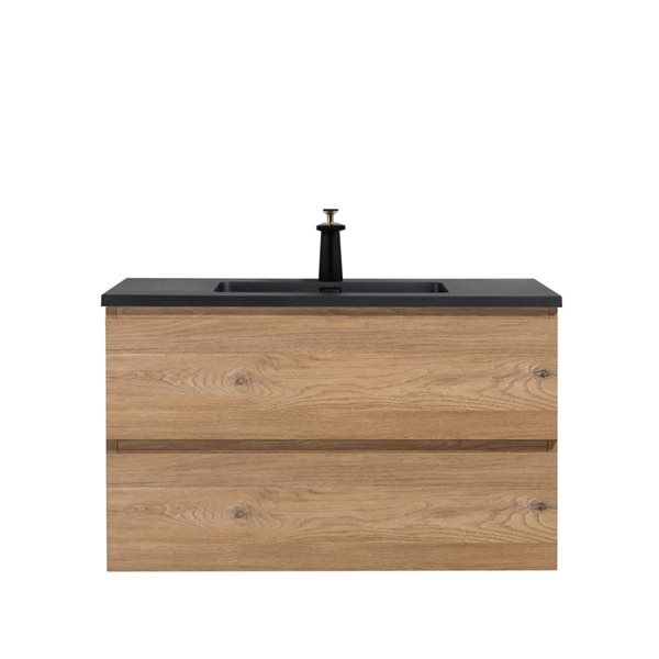 Almere 36-In Rough Oak Wall Mount Vanity W/ Black Engineered Quartz Top Single Sink, Black/Red