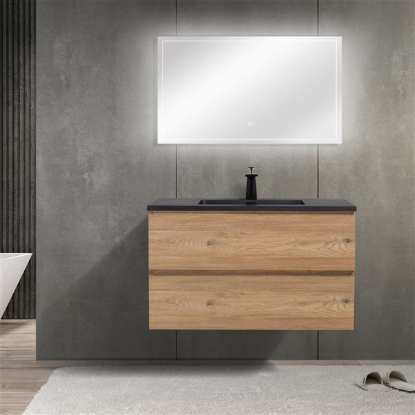 GEF Almere 36-in Rough Oak Wall Mount Vanity w/ Black Engineered Quartz Top Single Sink