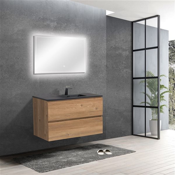GEF Almere 36-in Rough Oak Wall Mount Vanity w/ Black Engineered Quartz Top Single Sink