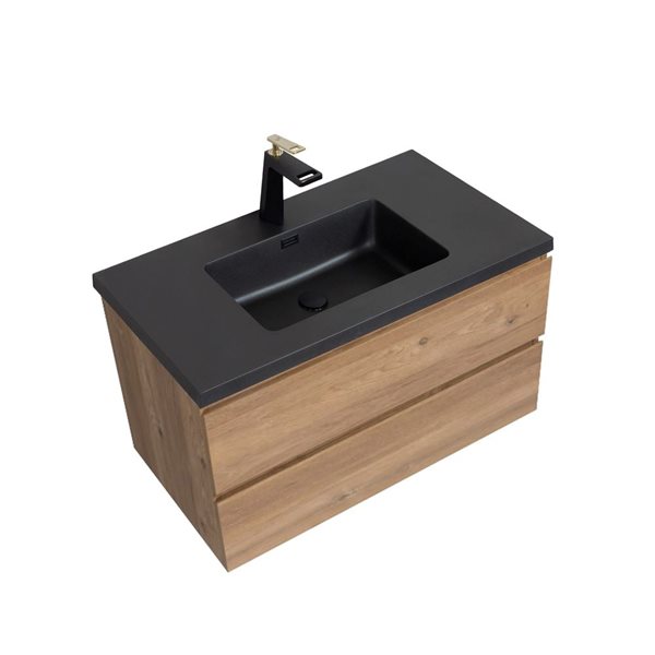 GEF Almere 36-in Rough Oak Wall Mount Vanity w/ Black Engineered Quartz Top Single Sink