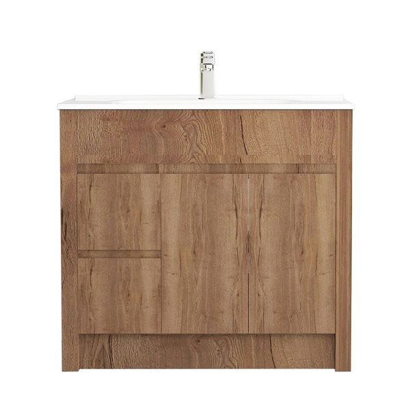 Luna 40-In Frosted Oak Freestanding Vanity W/ White Ceramic Top Single Sink, White/Tan
