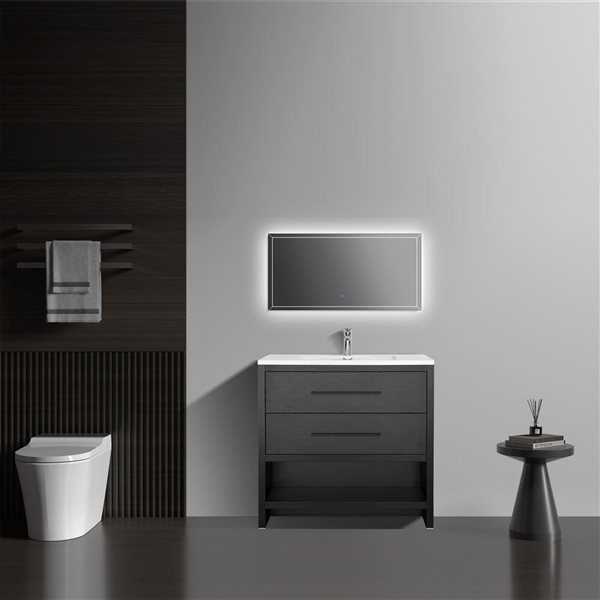 GEF Brinley 30-in Black Oak Freestanding Vanity w/ White Polymarble Top Single Sink