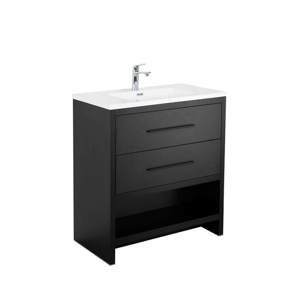 GEF Brinley 30-in Black Oak Freestanding Vanity w/ White Polymarble Top Single Sink