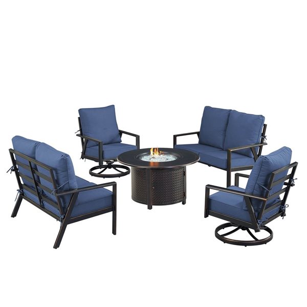 Oakland Living Lux Antique Copper Aluminum Patio Round Fire Table 2 Loveseats 2 Club Chairs Set w/ Blue Cushions