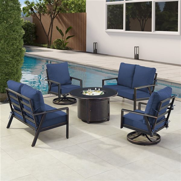 Oakland Living Lux Antique Copper Aluminum Patio Round Fire Table 2 Loveseats 2 Club Chairs Set w/ Blue Cushions