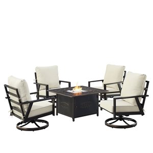 Oakland Living Lux Antique Copper Aluminum Patio Square Fire Table and 4 Club Chairs Set w/ Grey Cushions