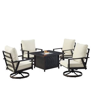 Oakland Living Lux Antique Copper Aluminum Patio Square Fire Table and 4 Club Chairs Set w/ Grey Cushions