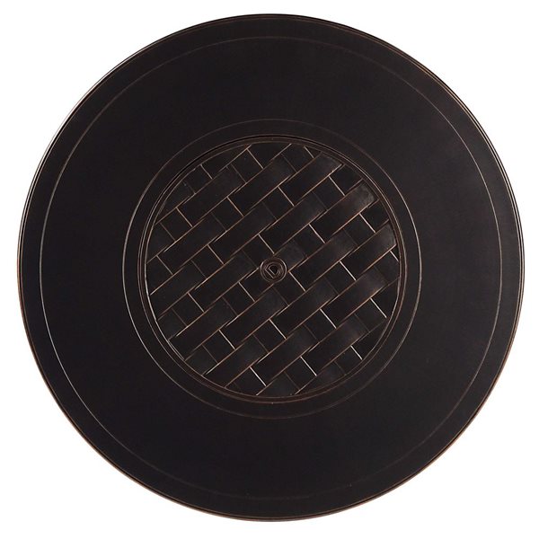 Oakland Living Lux Antique Copper Aluminum Patio Round Fire Table and 4 Club Chairs Set w/ Grey Cushions