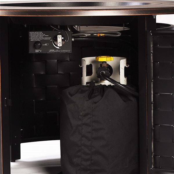 Oakland Living Lux Antique Copper Aluminum Patio Round Fire Table and 4 Club Chairs Set w/ Grey Cushions