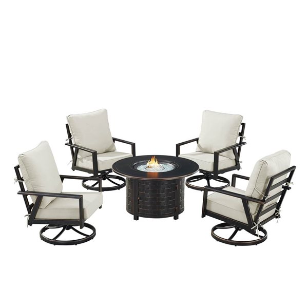Oakland Living Lux Antique Copper Aluminum Patio Round Fire Table and 4 Club Chairs Set w/ Grey Cushions