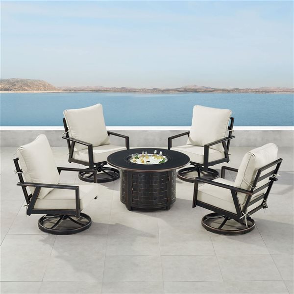 Oakland Living Lux Antique Copper Aluminum Patio Round Fire Table and 4 Club Chairs Set w/ Grey Cushions