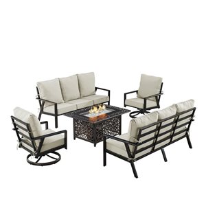 Oakland Living Lux Antique Copper Aluminum Patio Rectangle Fire Table 2 Sofas 2 Club Chairs Set w/ Grey Cushions