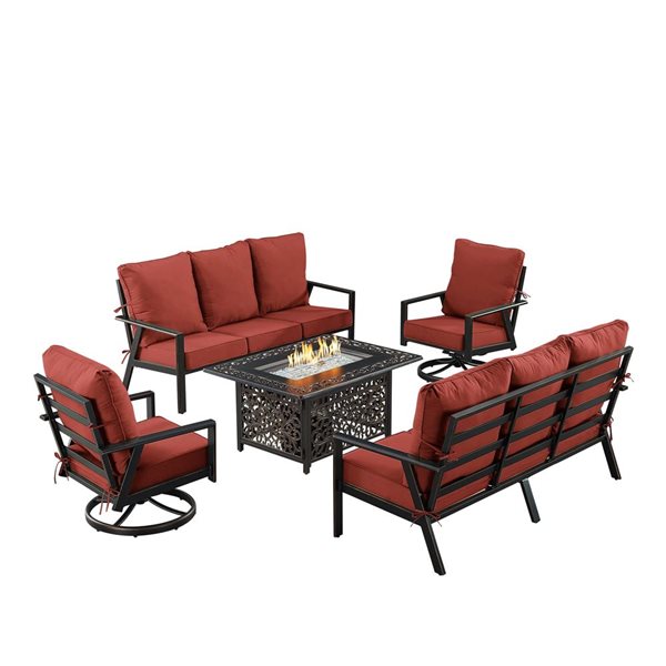 Oakland Living Lux Antique Copper Aluminum Patio Rectangle Fire Table 2 Sofas 2 Club Chairs Set w/ Red Cushions