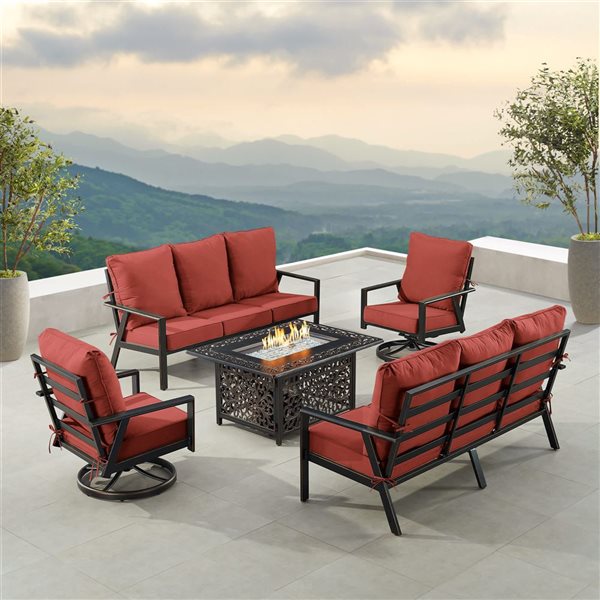 Oakland Living Lux Antique Copper Aluminum Patio Rectangle Fire Table 2 Sofas 2 Club Chairs Set w/ Red Cushions
