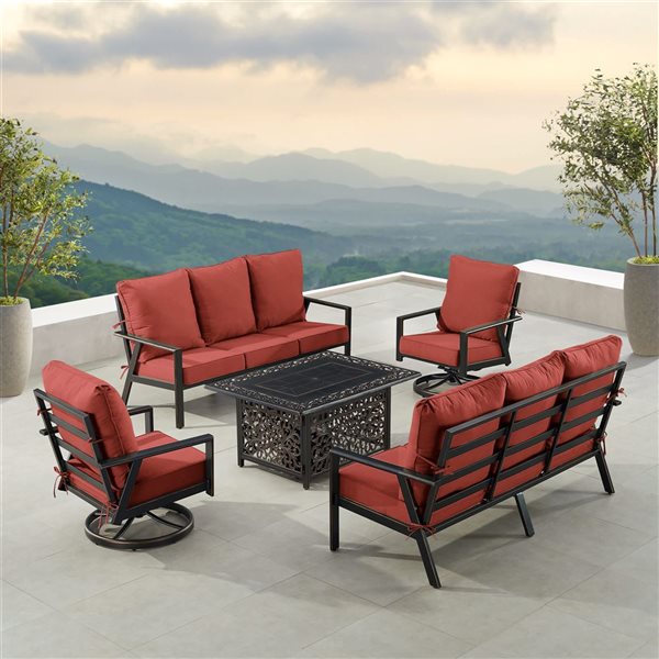 Oakland Living Lux Antique Copper Aluminum Patio Rectangle Fire Table 2 Sofas 2 Club Chairs Set w/ Red Cushions