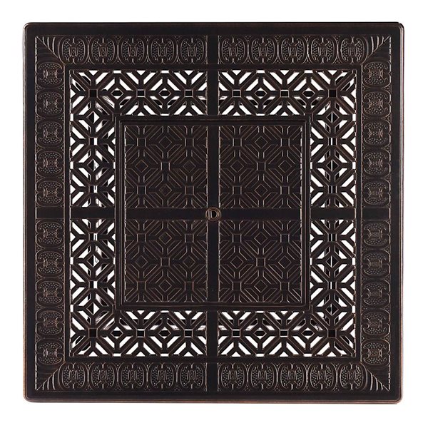 Oakland Living Lux Antique Copper Aluminum Patio Square Fire Table and 4 Club Chairs Set w/ Red Cushions