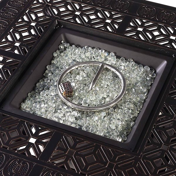 Oakland Living Lux Antique Copper Aluminum Patio Square Fire Table and 4 Club Chairs Set w/ Red Cushions