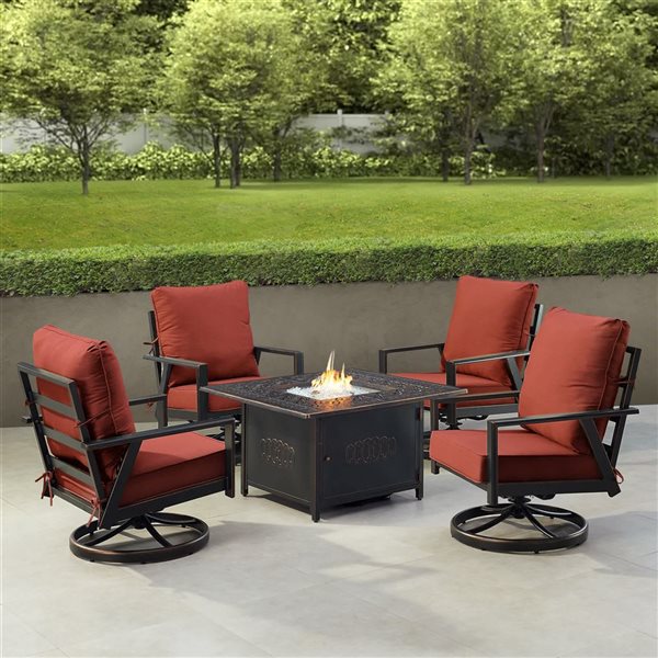 Oakland Living Lux Antique Copper Aluminum Patio Square Fire Table and 4 Club Chairs Set w/ Red Cushions