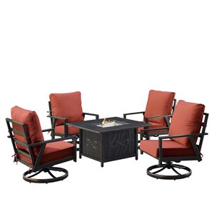 Oakland Living Lux Antique Copper Aluminum Patio Square Fire Table and 4 Club Chairs Set w/ Red Cushions