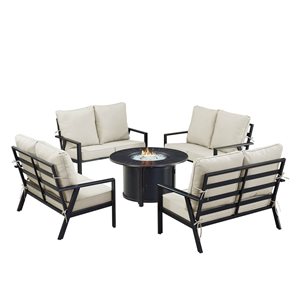 Oakland Living Lux Antique Copper Aluminum Patio Round Fire Table and 4 Loveseats Set w/ Grey Cushions