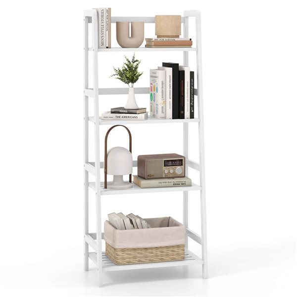 Costway Multifunctional 4-Shelf Bamboo Bookcase Plant Stand Ladder Rack Storage - White