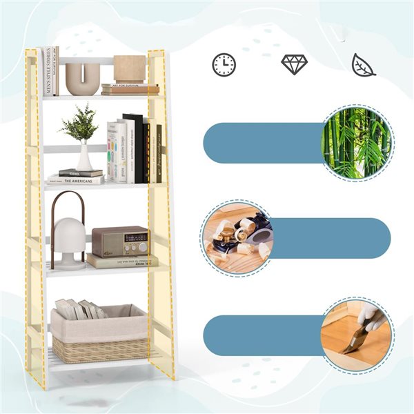 Costway Multifunctional 4-Shelf Bamboo Bookcase Plant Stand Ladder Rack Storage - White