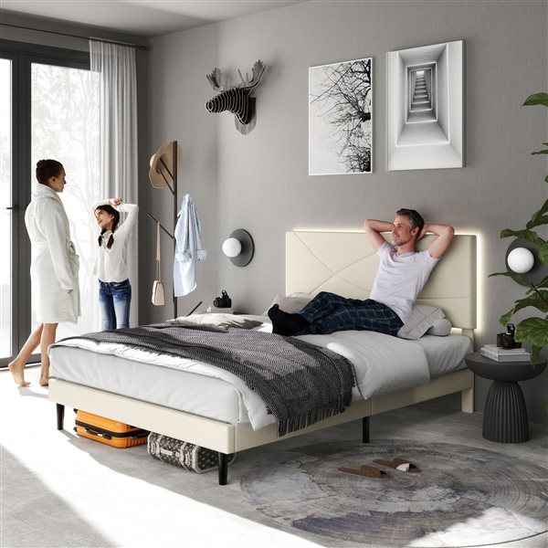 Homy Casa Queen Platform Bed Frame with Upholstered LED Headboard and Built-in Charging Ports - Beige Geometric Design