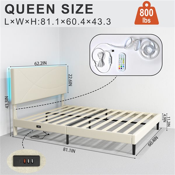 Homy Casa Queen Platform Bed Frame with Upholstered LED Headboard and Built-in Charging Ports - Beige Geometric Design