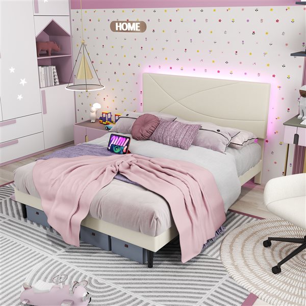 Homy Casa Queen Platform Bed Frame with Upholstered LED Headboard and Built-in Charging Ports - Beige Geometric Design