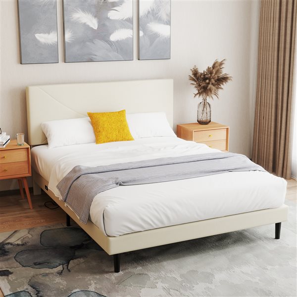 Homy Casa Queen Platform Bed Frame with Upholstered LED Headboard and Built-in Charging Ports - Beige Geometric Design