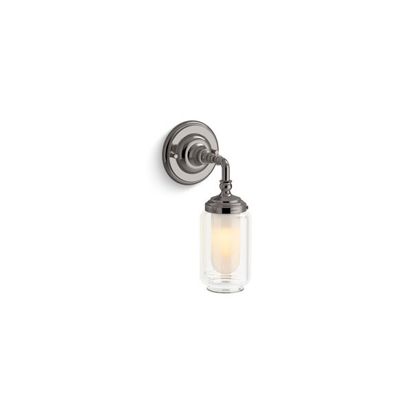 KOHLER Artifacts 1-Light Wall Sconce w/ Clear Glass Shade and Inner Frosted Glass Diffuser - Titanium Finish