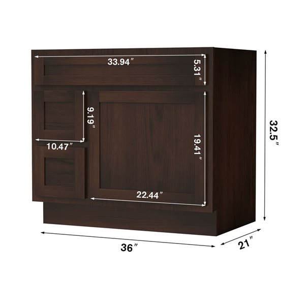 Vanity Art 36 W x 32.5-in H 2-Left Drawer Freestanding Bathroom Vanity Cabinet Only - Brown