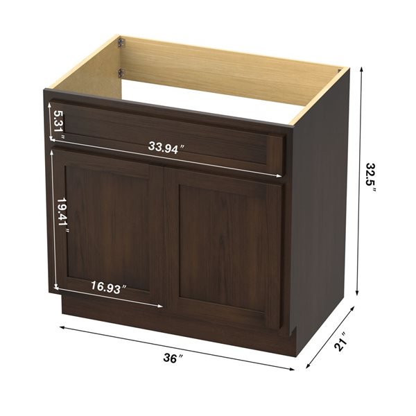 Meuble-lavabo autoportant de salle de bains à 2 portes de Vanity Art 36 l. x 32,5 po h. sans comptoir, brun