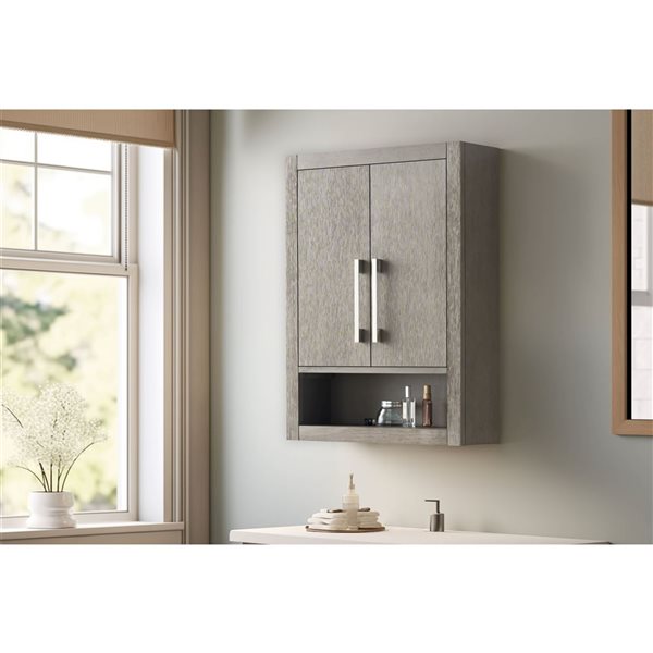 Vanity Art 24 W x 33-in H Wall-Mounted Storage Cabinet w/ Brushed Nickel Handles - Driftwood Grey