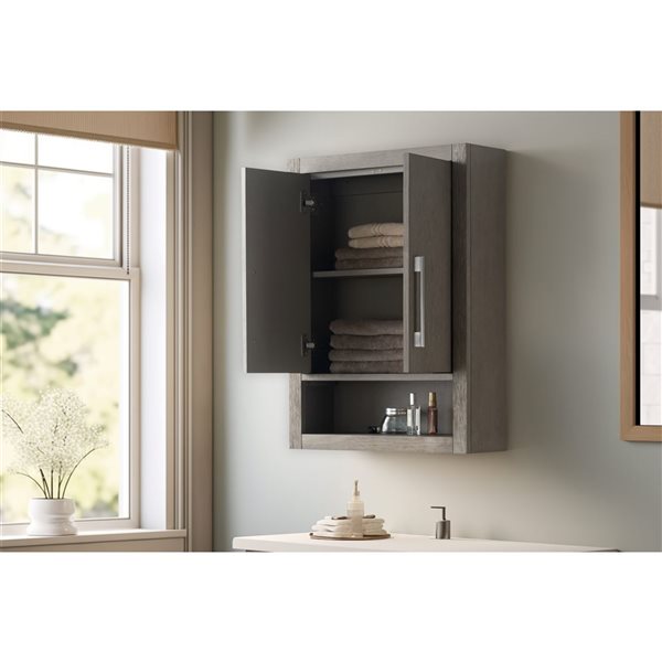 Vanity Art 24 W x 33-in H Wall-Mounted Storage Cabinet w/ Brushed Nickel Handles - Driftwood Grey