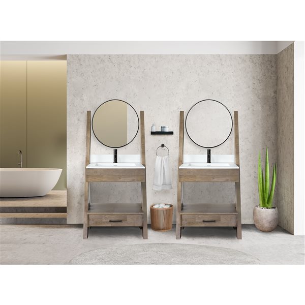 PRESENZA CAMDEN 29-in Single Sink Bathroom Vanity with White Polymer Quartz Top, Mirror and Faucet - Walnut