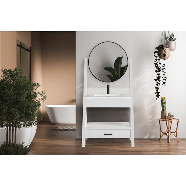 PRESENZA CAMDEN 35-in Single Sink Bathroom Vanity with White Polymer Quartz Top, Mirror and Faucet - White