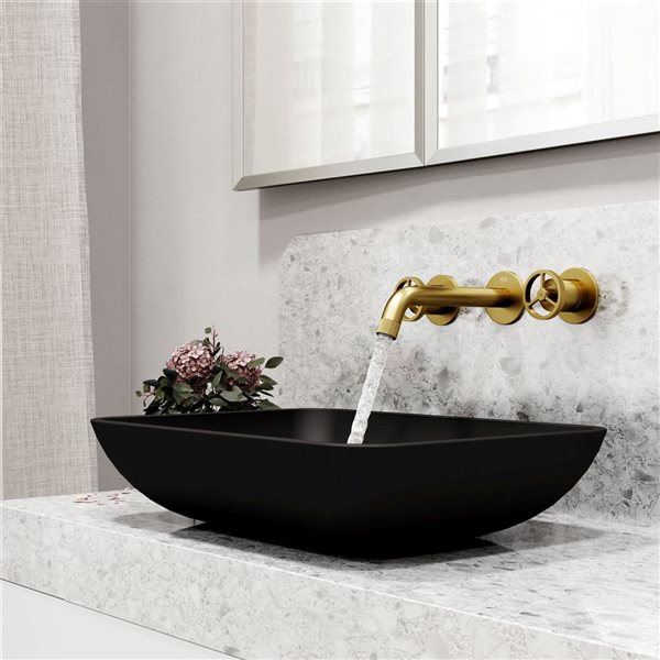 VIGO Glass&nbsp;18-in L x&nbsp;13-in W Rectangle Black Vessel Bathroom Sink with Wall-Mount Faucet/Drain - Matte Gold