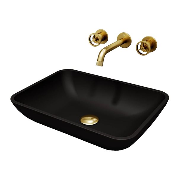 VIGO Glass&nbsp;18-in L x&nbsp;13-in W Rectangle Black Vessel Bathroom Sink with Wall-Mount Faucet/Drain - Matte Gold