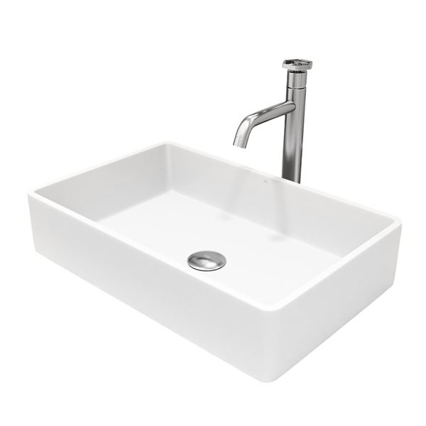 VIGO Magnolia&nbsp;21-in L x&nbsp;14-in W White Matte Stone Rectangle Vessel Bathroom Sink with Faucet/Drain - Brushed Nickel