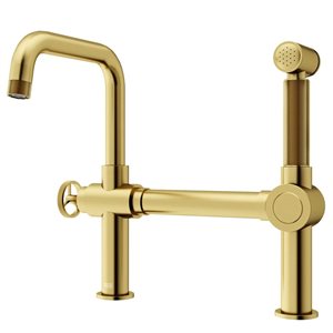 VIGO Cass Widespread Bridge Kitchen Faucet 13-in with High Arc and Pull-Out Side Sprayer - Brushed Gold