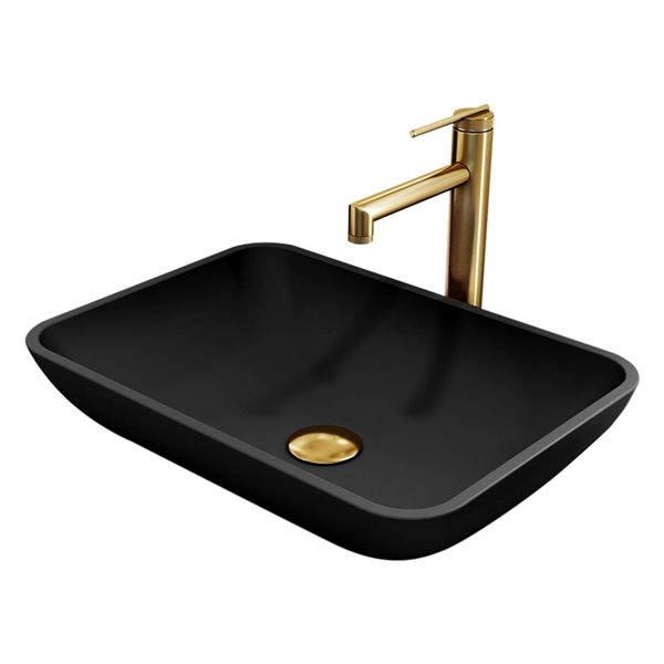 VIGO Glass&nbsp;18-in L x&nbsp;13-in W Rectangle Black Vessel Bathroom Sink with Sterling Faucet/Drain - Matte Gold