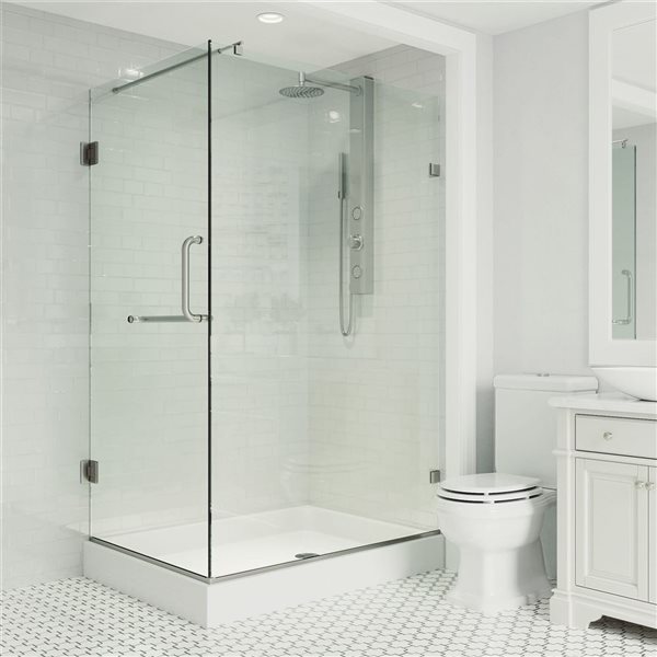 VIGO Pacifica&nbsp;48-in D x&nbsp;36-in W x&nbsp;79-in H Frameless Brushed Nickel Hinged Shower Enclosure w/ Clear Glass and Base